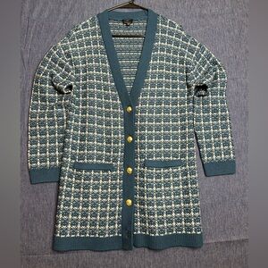 Talbots petite Merino Wool Checked Long Knit Cardigan with Gold Buttons
